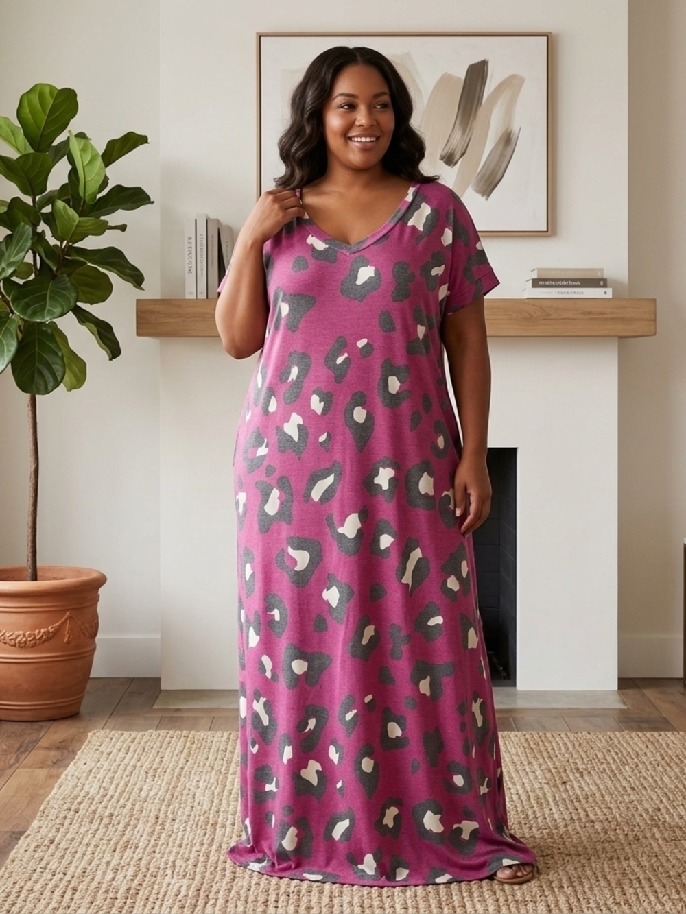 Zenana Outfitters Pink Leopard Print Maxi Crewneck T-shirt Dress